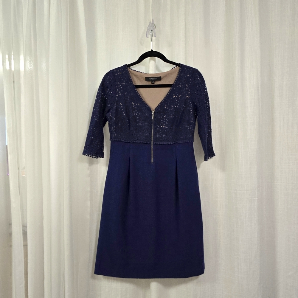 Nine West Navy Lace Midi Cocktail Dress Size‎ 4 Zip Front Fully Lined